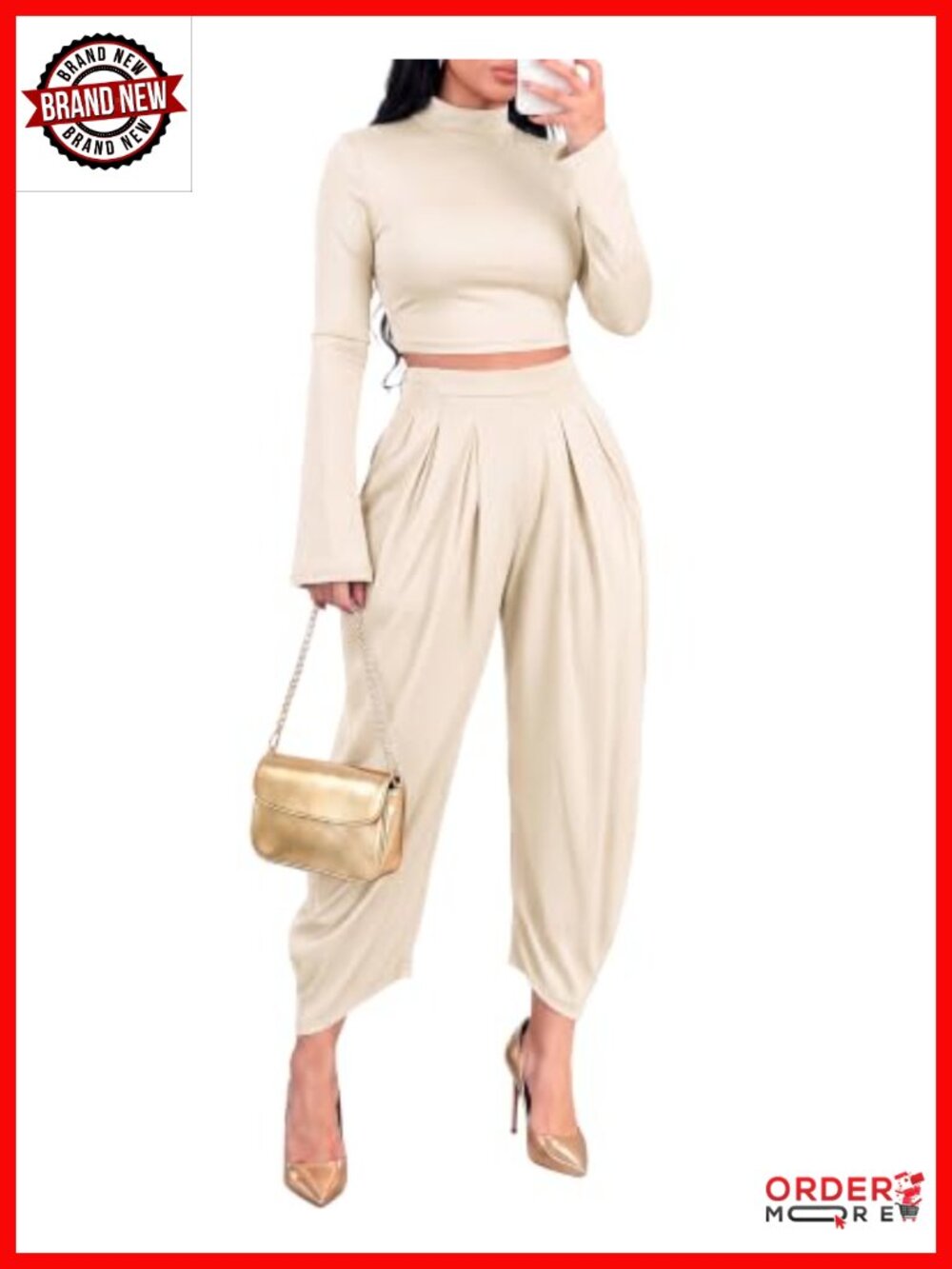 Women's 2 Piece Palazzo Pant Set Mock Neck Bell Sleeve Crop Top